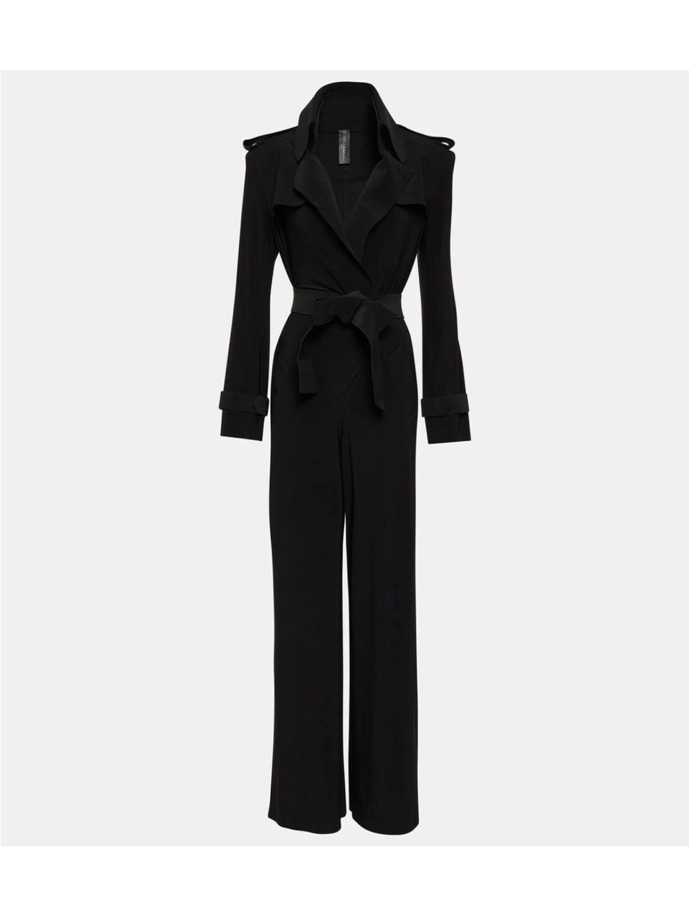 Norma Kamali Double Breasted Trench Collared Black Belted Long-Sleeve Jumpsuit
